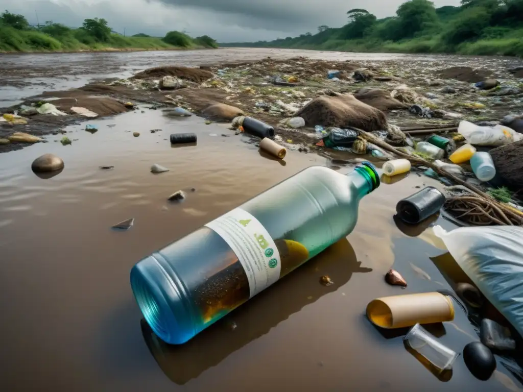 Un río contaminado con basura flotante, reflejando un cielo nublado