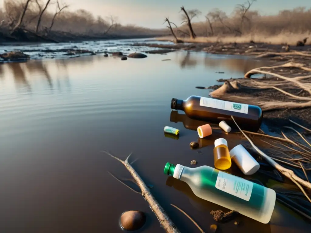 Un río contaminado con desechos plásticos flotando en el agua, rodeado de árboles muertos y suelo contaminado