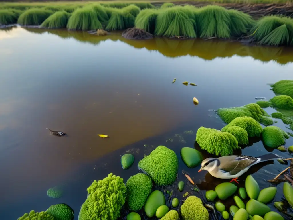 Un río contaminado rebosante de algas y desechos, con peces luchando por nadar en el agua turbia