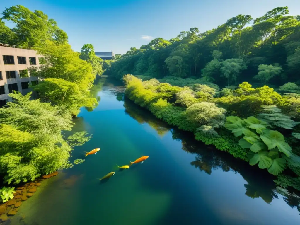 Río cristalino fluye entre bosque exuberante, con vida acuática y aves