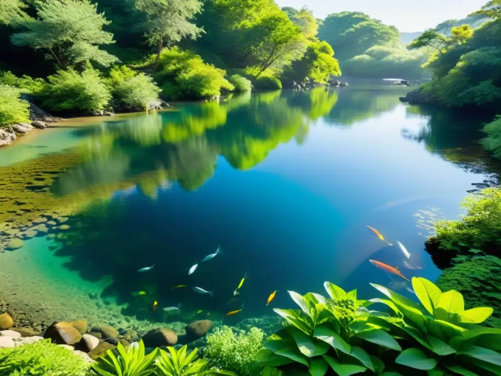 Un río cristalino fluye entre un exuberante bosque verde, con peces coloridos entre las rocas y plantas acuáticas