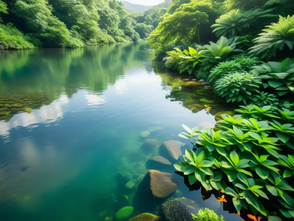 Un río cristalino fluye entre un exuberante bosque verde, con peces nadando entre las rocas y plantas acuáticas