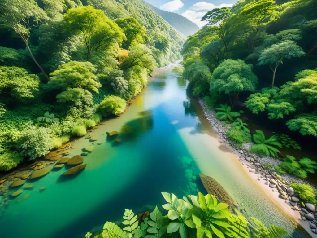 Un río prístino fluye en un bosque exuberante, con peces y especies acuáticas en agua cristalina