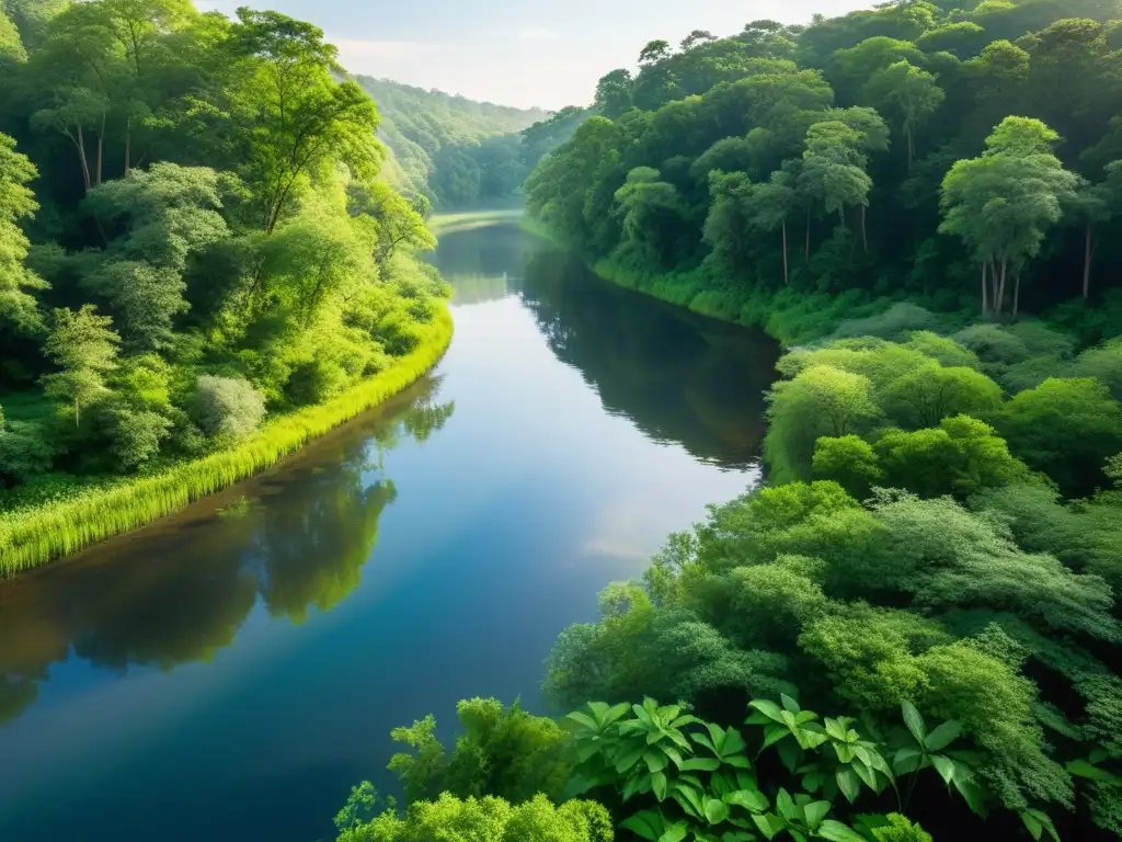 Río sereno entre bosque verde, luz solar filtra entre hojas, reflejos en el agua