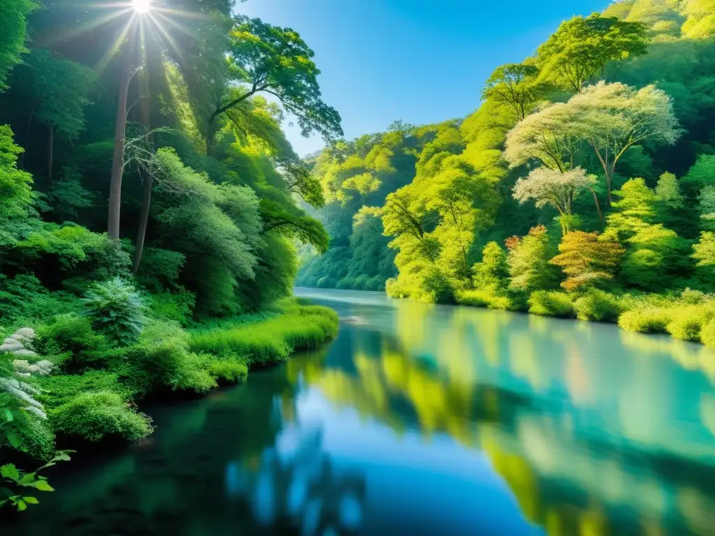 Un río sereno y cristalino fluye a través de un exuberante bosque, reflejando la vegetación vibrante y el cielo azul