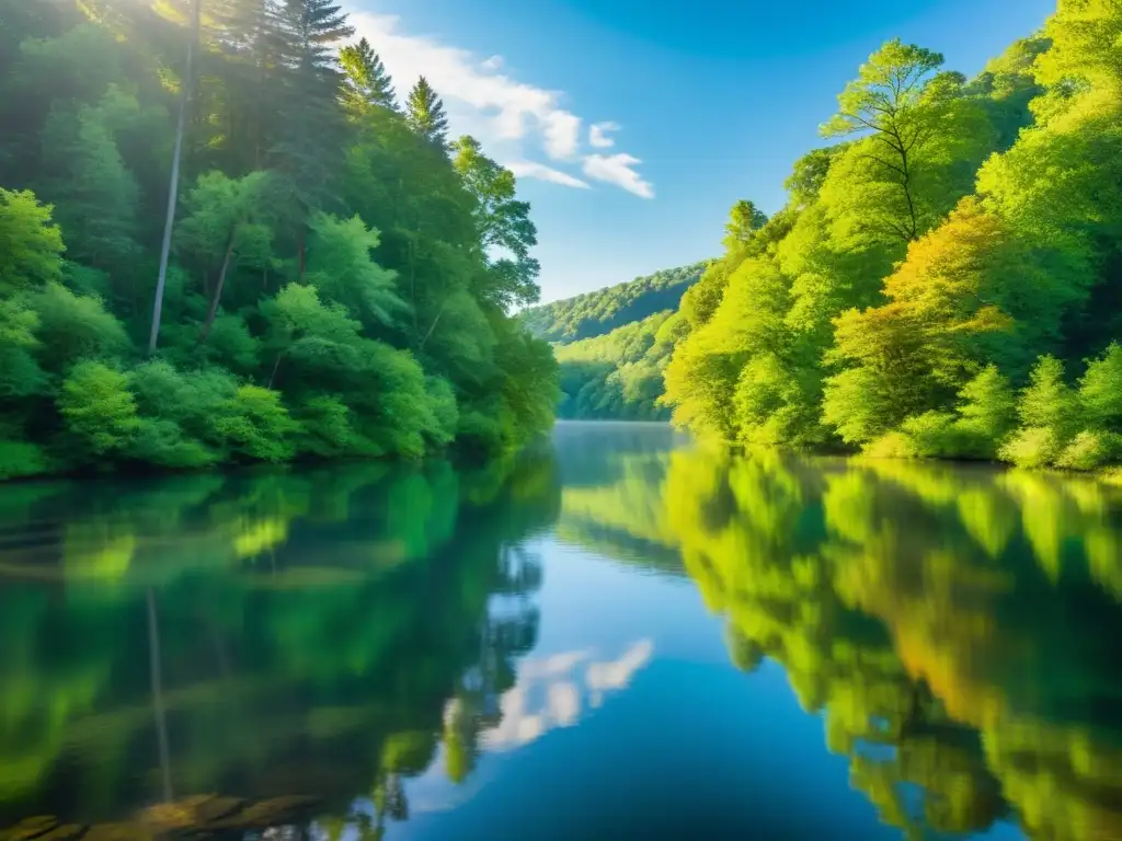 Un río sereno y neblinoso fluye entre un exuberante bosque, reflejando la armonía entre la humanidad y la naturaleza