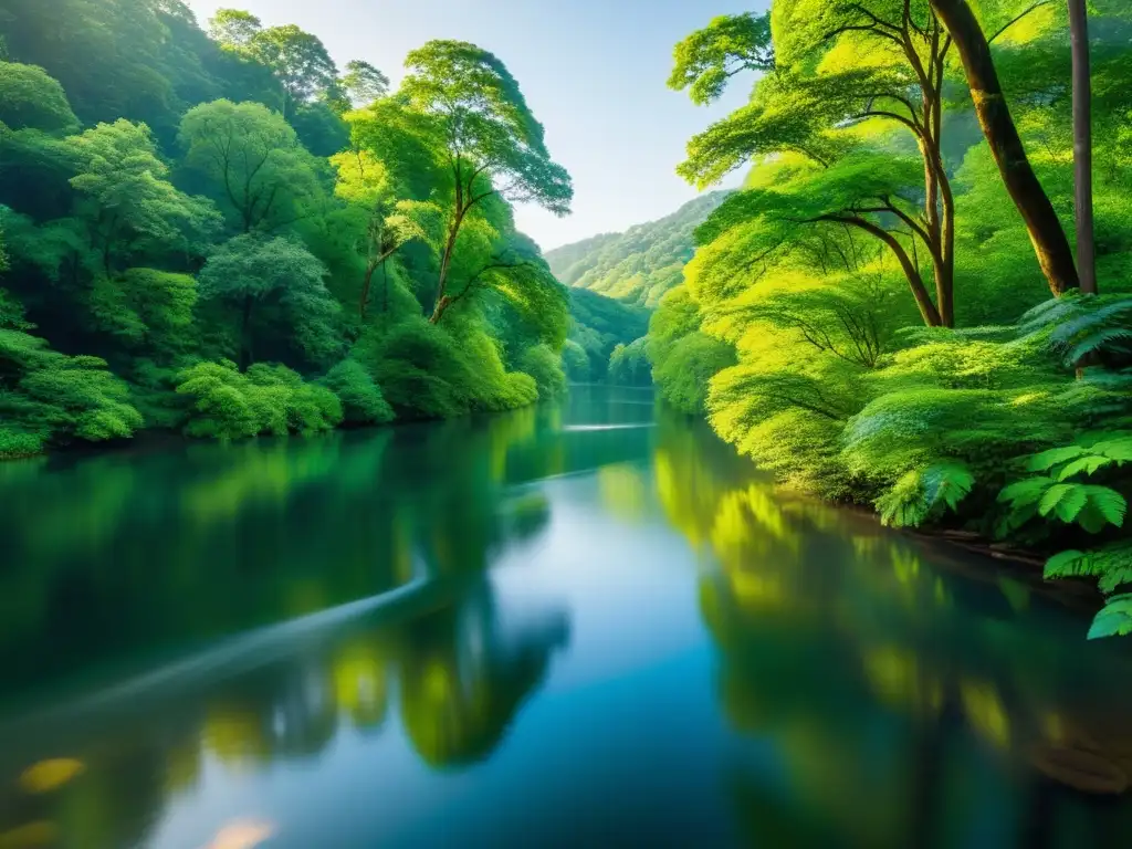 Un río sereno serpentea a través de un exuberante bosque verde, reflejando la importancia de los paisajes sonoros en la divulgación de la naturaleza