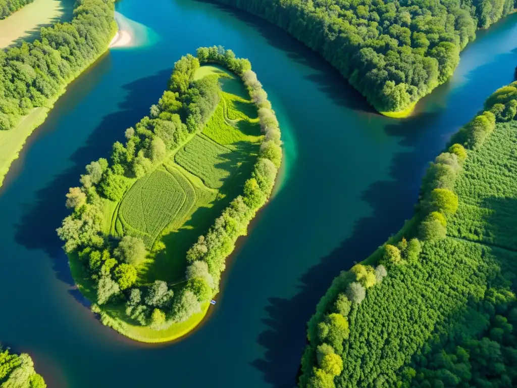 Un río serpenteante corta un exuberante paisaje verde, con barcos navegando