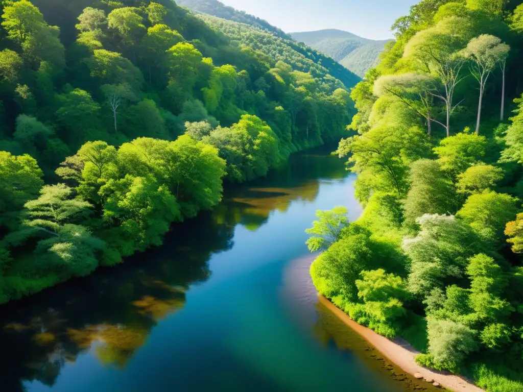 Un río serpenteante fluye entre un exuberante bosque verde