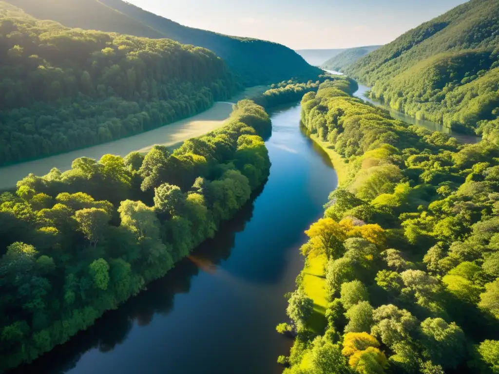 Un río serpenteante fluye entre un exuberante bosque, con los rayos dorados del sol filtrándose a través del dosel y creando sombras en el agua