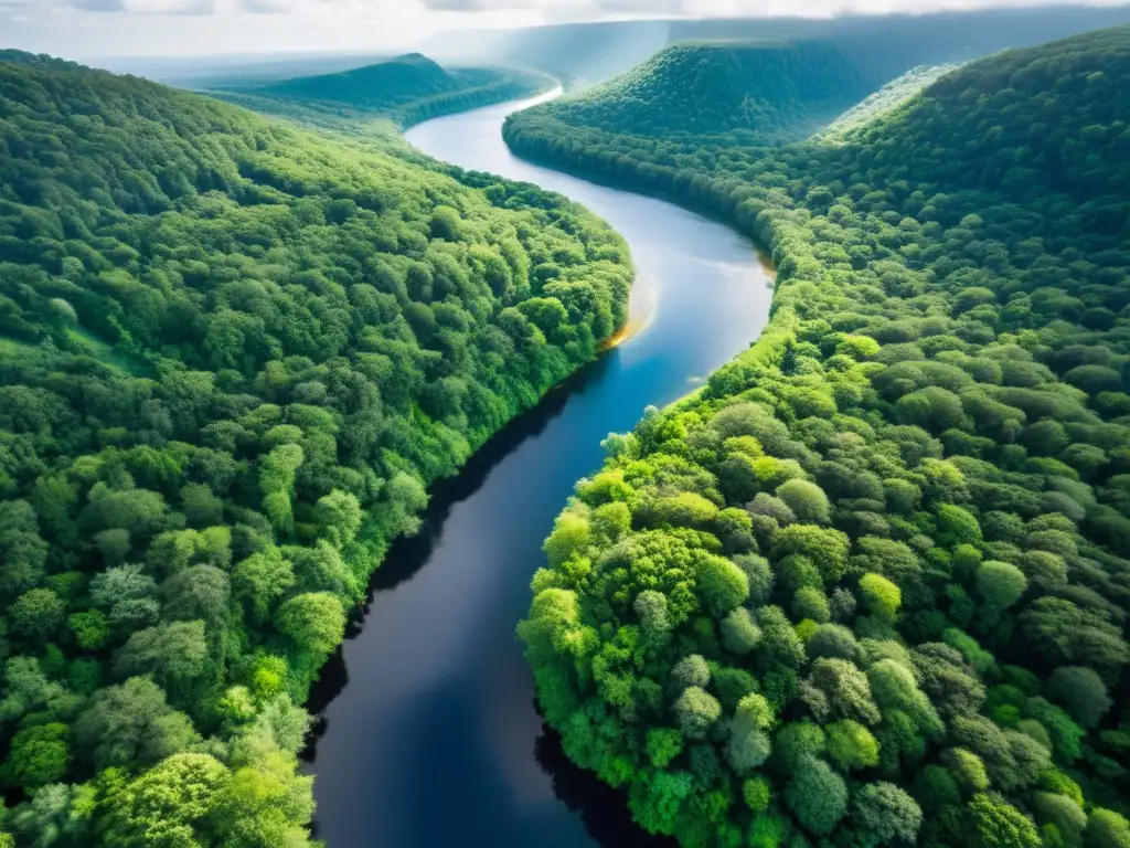 Un río serpenteante atraviesa un frondoso bosque verde, creando una escena natural impresionante y serena