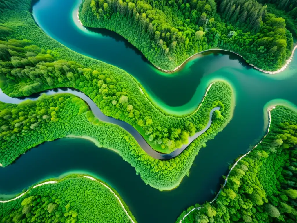 Un río serpenteante en un valle verde, reflejando la luz solar con impacto cambio climático ríos