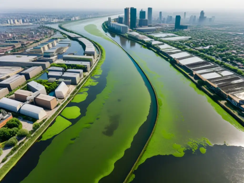 Un río urbano contaminado con falta de oxígeno en cuerpos de agua, rodeado de edificios y smog, evidenciando la degradación ambiental