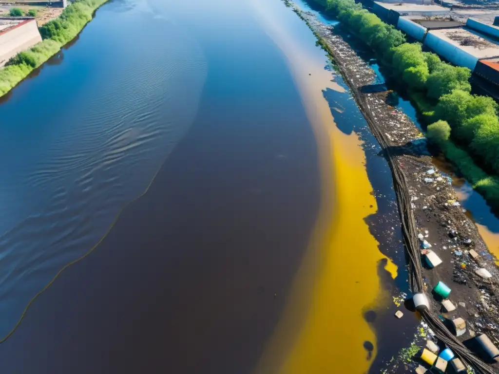 Un río urbano contaminado, lleno de desechos plásticos y slicks de petróleo, refleja la impactante realidad de la contaminación ambiental