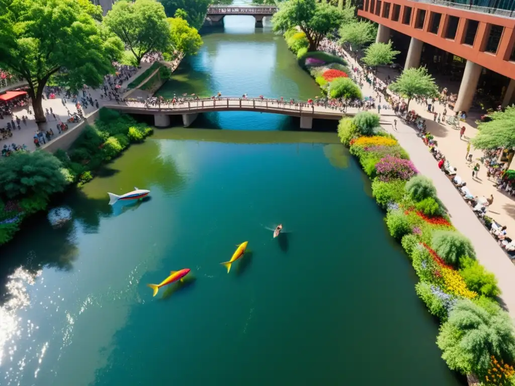 Río urbano revitalizado con vida silvestre y naturaleza exuberante