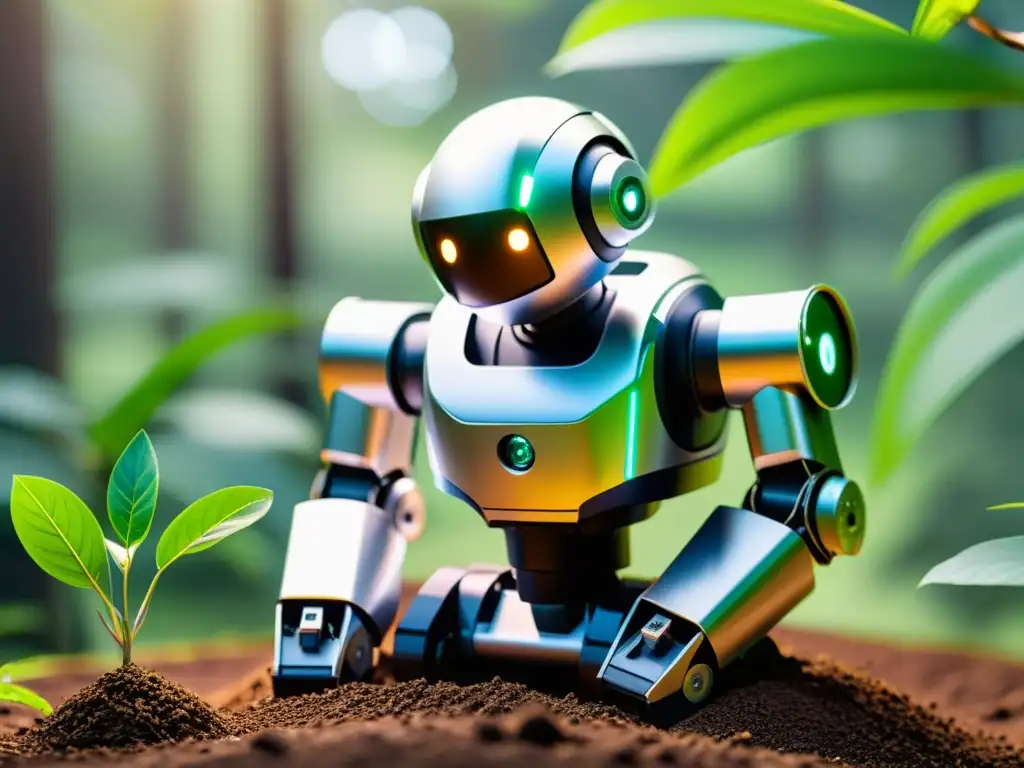 Robot para recuperación de ecosistemas naturales planta un árbol en un entorno natural exuberante y sereno