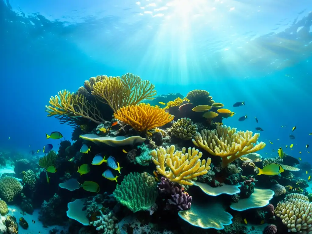 Aplicación de robótica blanda en hábitats sensibles: un vibrante arrecife de coral lleno de vida marina y plantas marinas, bajo la luz del sol