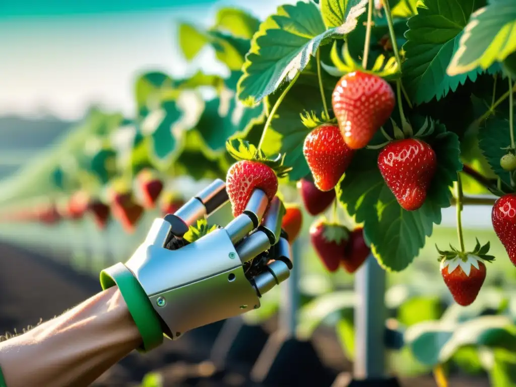 Robótica en agricultura sostenible: Detalle de un brazo robótico cosechando fresas maduras en un campo soleado y exuberante