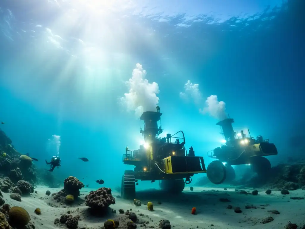 Extracción de recursos en el fondo marino: impacto ambiental Robóticas máquinas extraen recursos marinos en aguas profundas, generando conflictos y desplazando vida marina