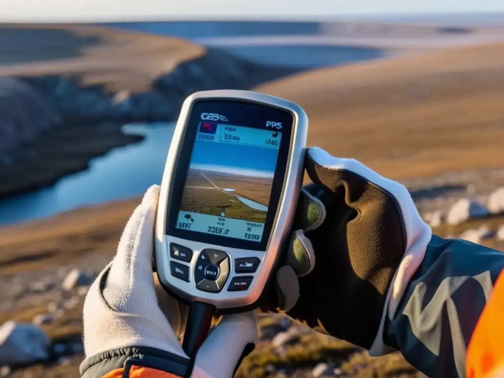 Un robusto GPS para explorar ecosistemas tundra, sostenido en una mano enguantada, con un paisaje tundra y montañas nevadas al fondo