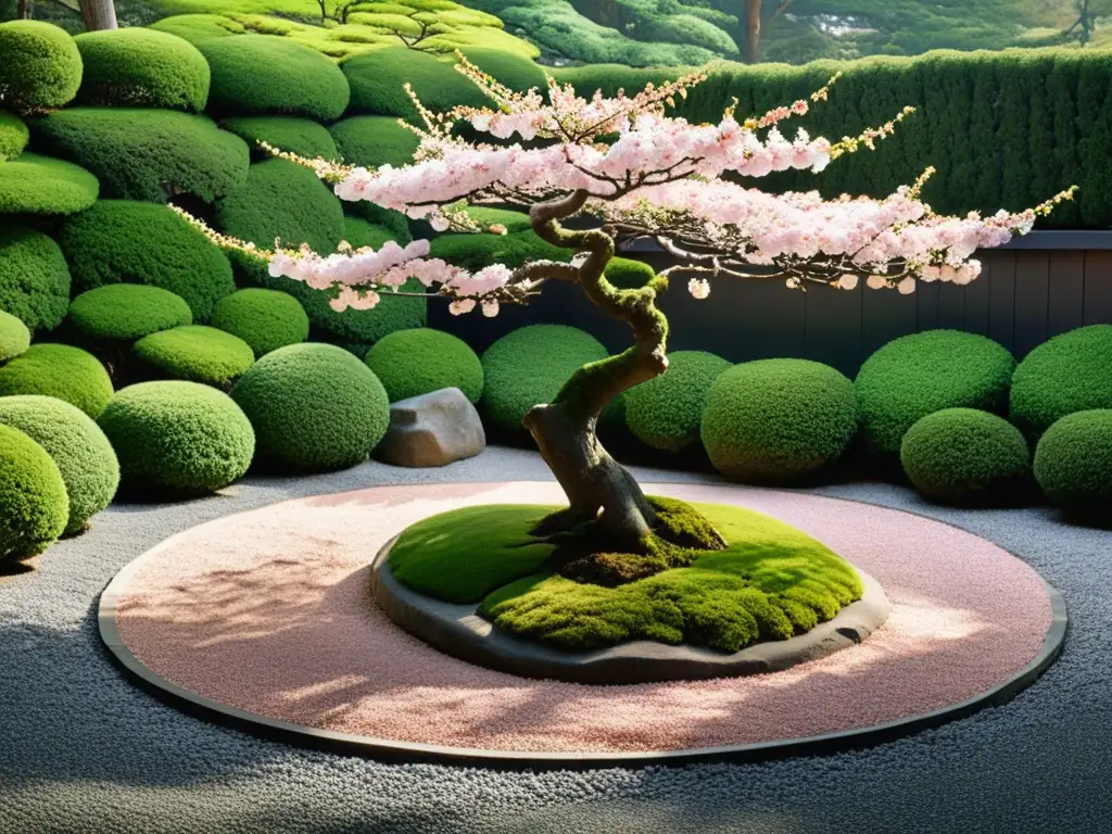 Un jardín de rocas japonés sereno y minimalista con paisajismo ecológico minimalista, destacando la tranquilidad y equilibrio