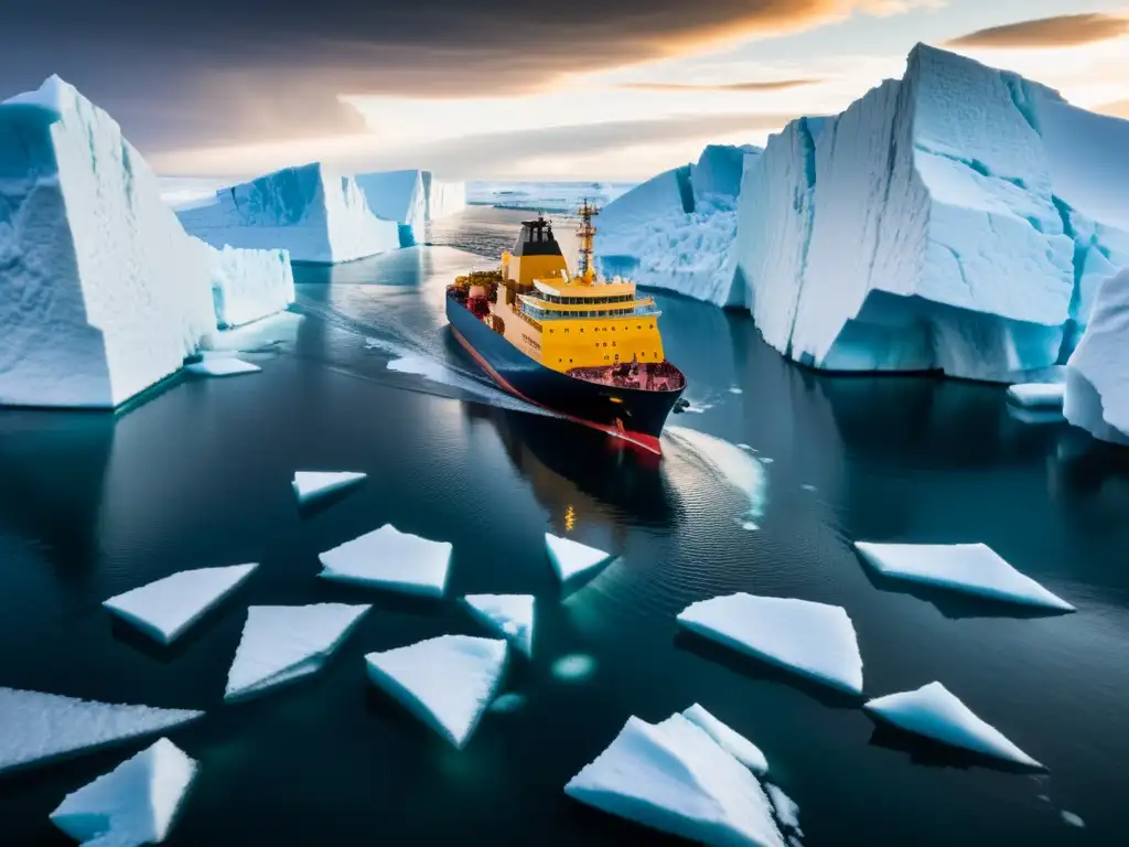 Un rompehielos masivo navegando entre icebergs en las nuevas rutas marítimas en el Ártico, evocando un paisaje deslumbrante y desafiante