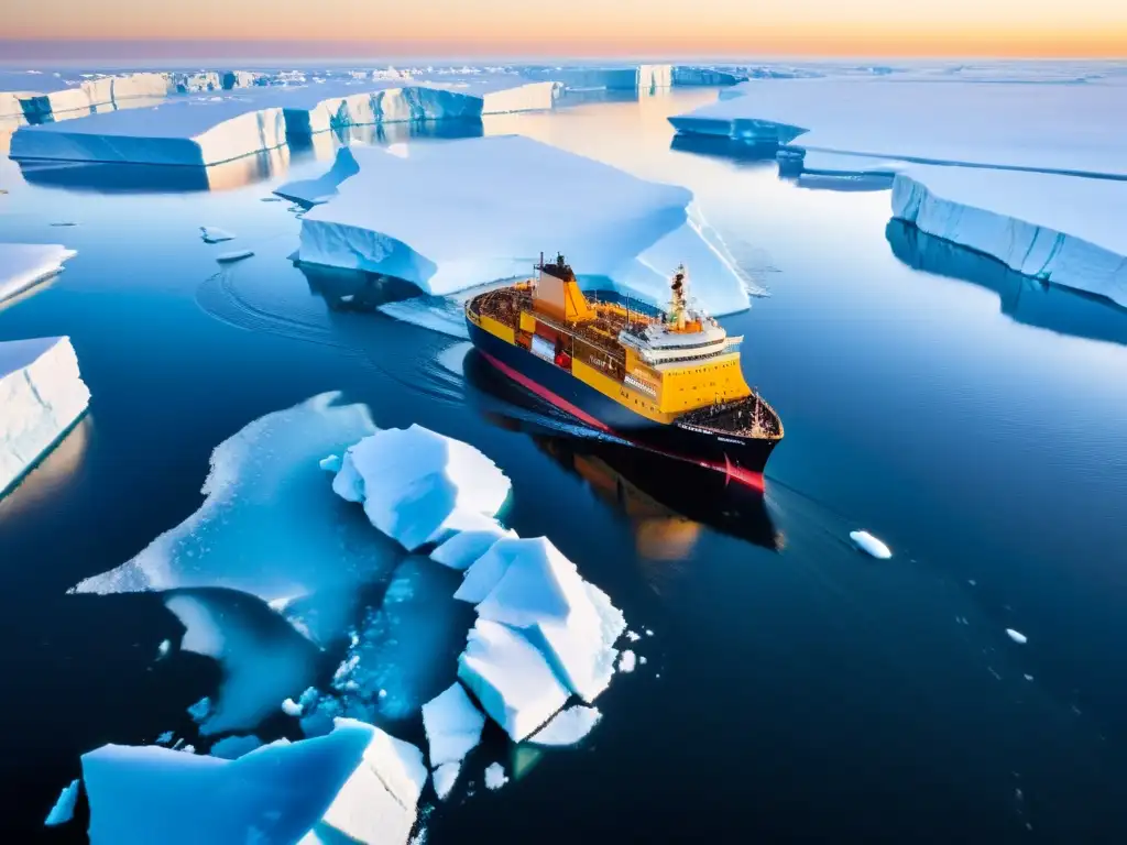 Un rompehielos masivo abriéndose paso entre el hielo ártico, creando nuevas rutas marítimas en el Ártico