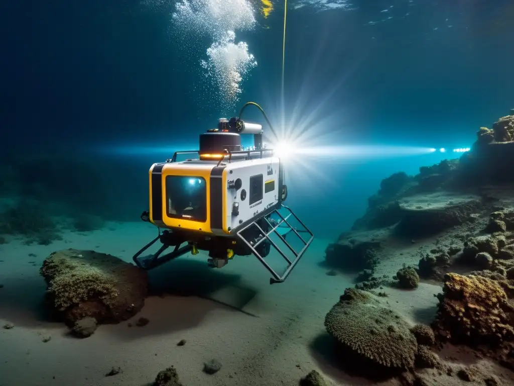 Un ROV de exploración en lago profundo con tecnología avanzada y luces potentes, descubriendo maravillas subacuáticas en la oscuridad