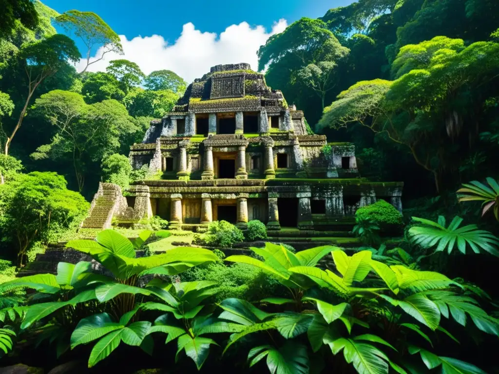 Ruinas mayas en selva exuberante, con estructuras de piedra parcialmente cubiertas por follaje verde