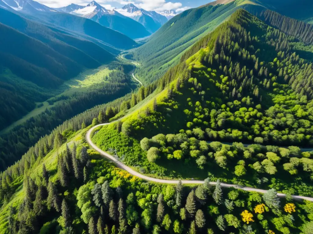 Rutas migratorias ecosistemas montaña: Sendero serpenteante entre bosques verdes, picos nevados y exploradores aventureros