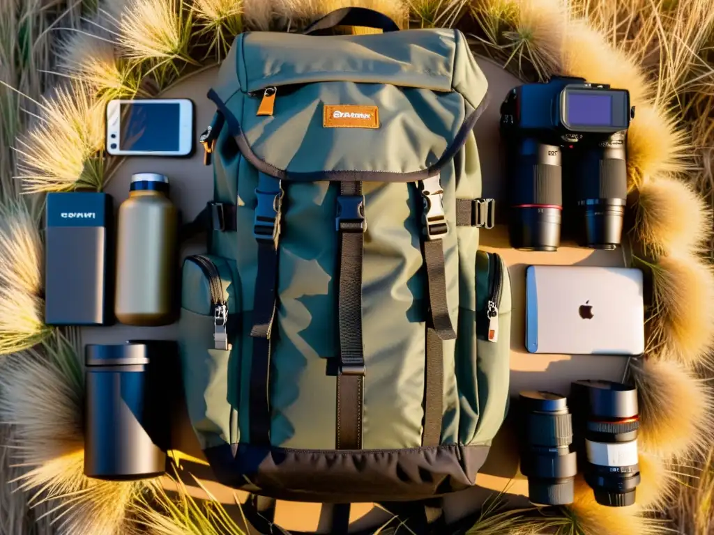 En la sabana africana, una mochila de safari fotográfico con equipo profesional junto a la belleza salvaje