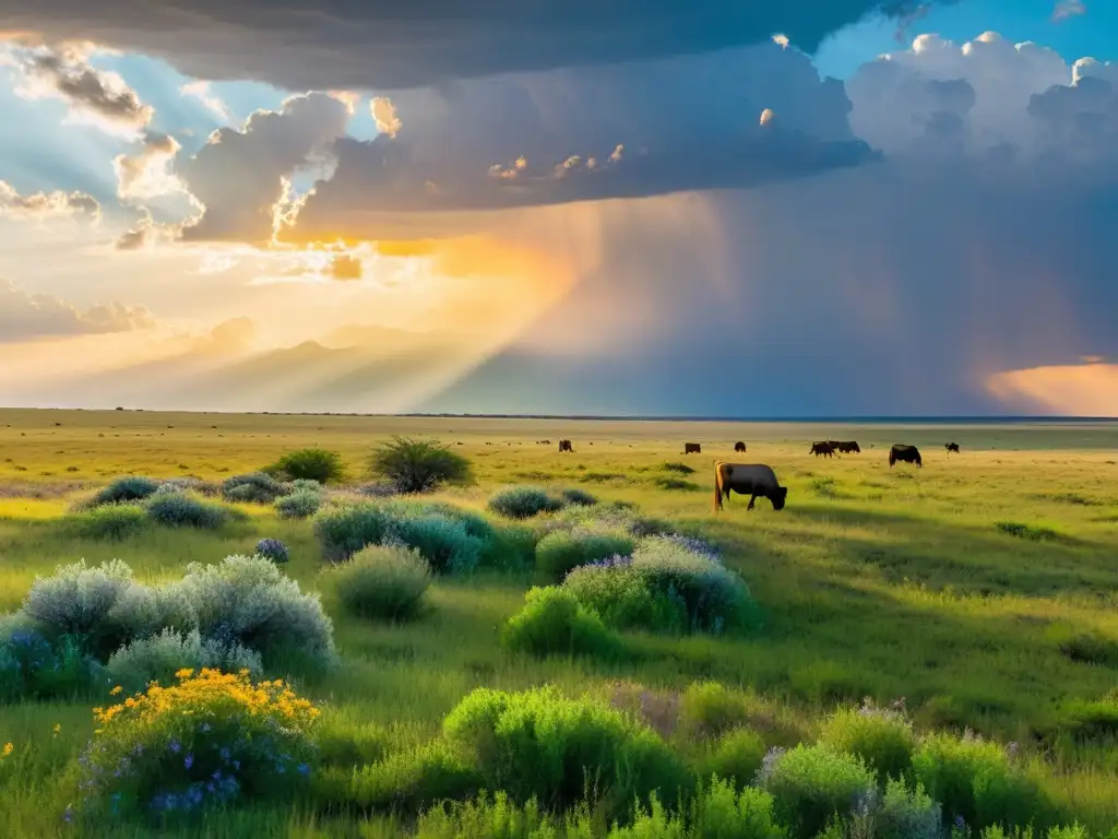 Una sabana expansiva con diversidad de vida animal y vegetal, iluminada por técnicas innovadoras restauración praderas sabanas