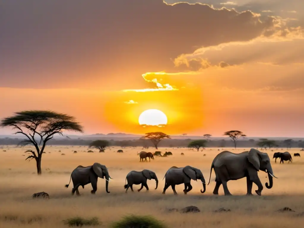 En la sabana, el sol se pone sobre animales, creando sonidos y escenas únicas en el ecosistema