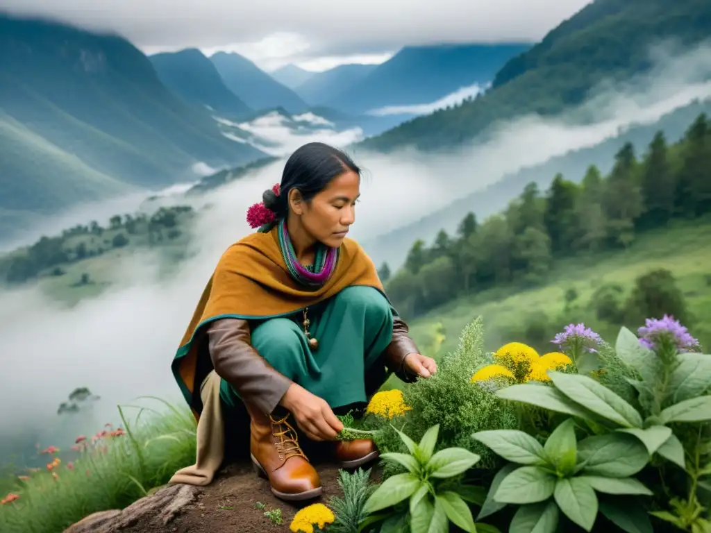 Un sabio recolector de plantas medicinales de montaña experto selecciona hierbas con cuidado en un paisaje montañoso neblinoso