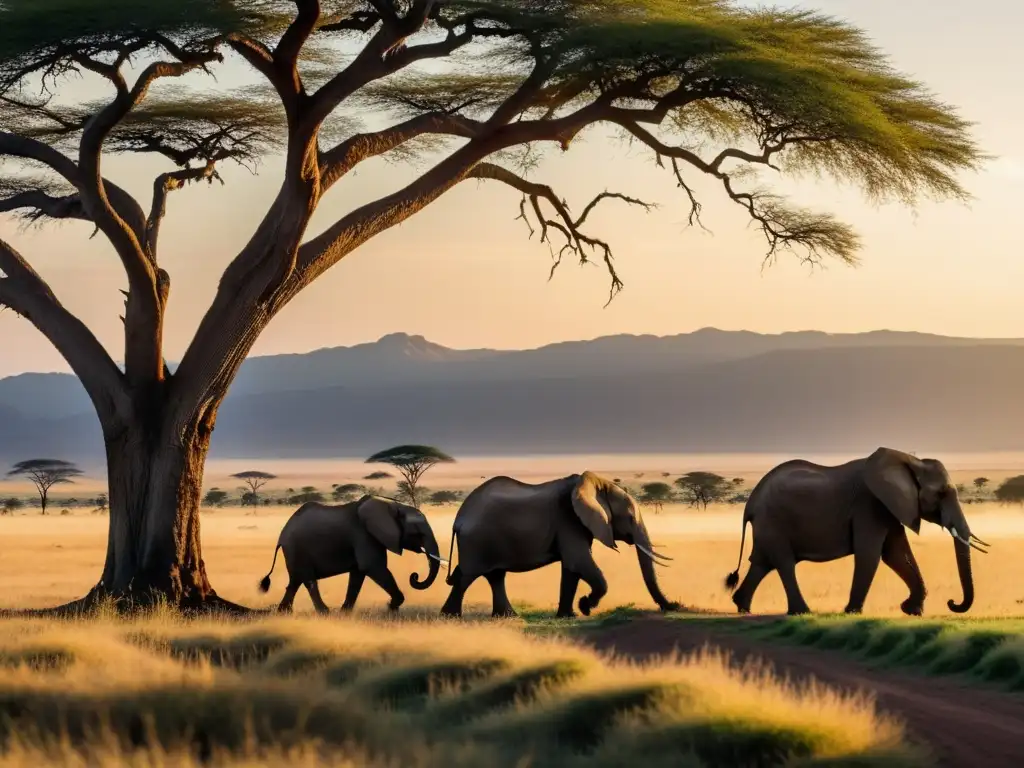 Safari fotográfico en la Sabana africana: Atardecer dorado sobre la vasta llanura, acacia y animales silueteados