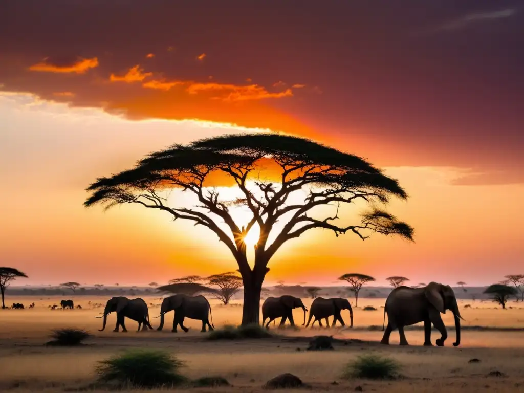 Un safari fotográfico en la Sabana africana muestra un atardecer impresionante con elefantes y una acacia solitaria