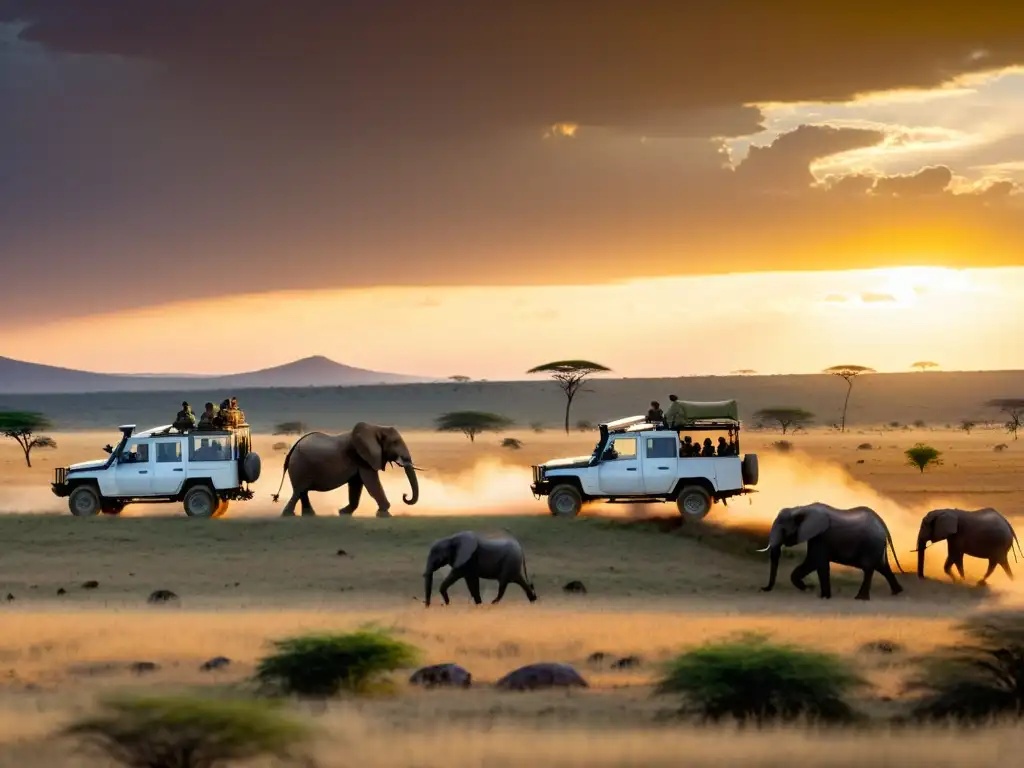 Safari fotográfico en la Sabana africana: Grupo de vehículos recorriendo la vasta sabana africana al atardecer, con elefantes al fondo