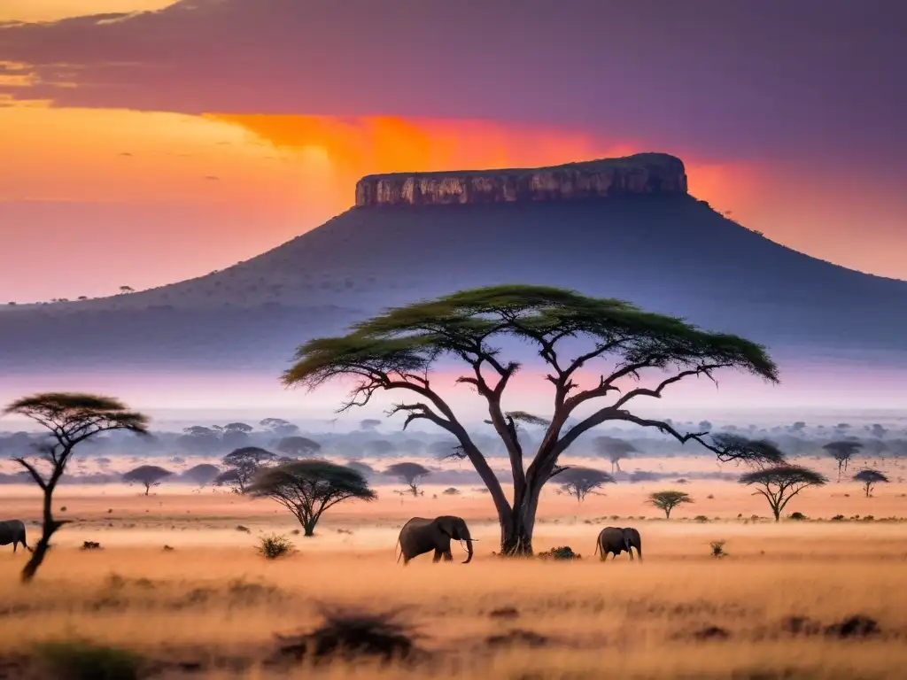 Safari fotográfico en la Sabana africana: Atardecer dorado sobre la savana africana, con acacias y elefantes al horizonte