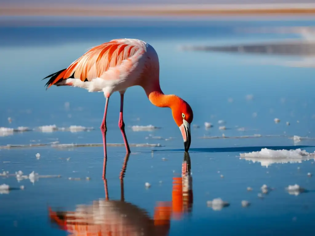 Biodiversidad en el Salar de Uyuni: Flamenco Andino rosado en aguas cristalinas, reflejando la serenidad y equilibrio natural del entorno