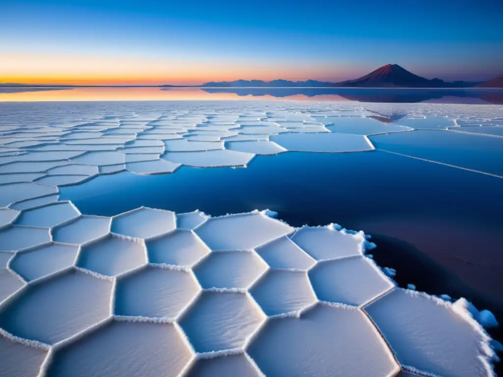 Biodiversidad en el Salar de Uyuni: Amanecer en el salar, reflejando el cielo en su espejo de sal y agua, con los Andes de fondo