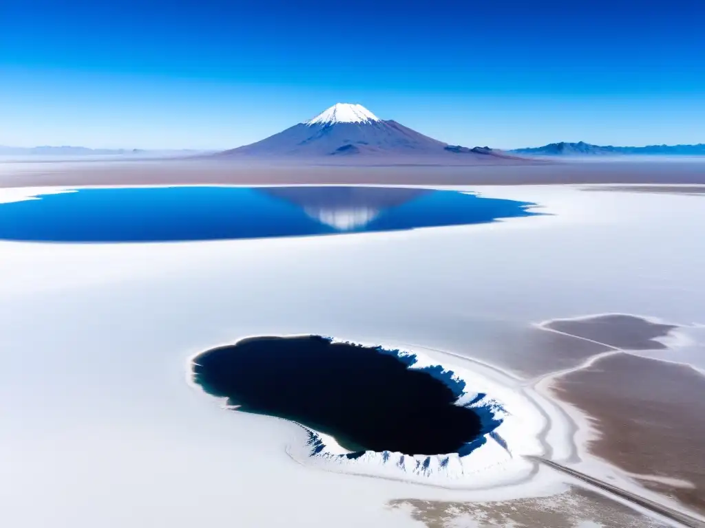 Biodiversidad en el Salar de Uyuni: un vasto desierto de sal con el cielo azul reflejado, montañas al fondo y formaciones salinas únicas