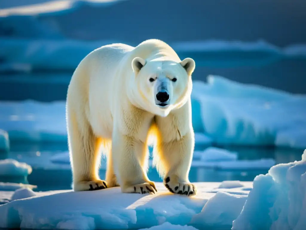 Imponente fotografía vida salvaje ártico antártico: un oso polar de espeso pelaje brilla bajo la suave luz ártica en un témpano de hielo