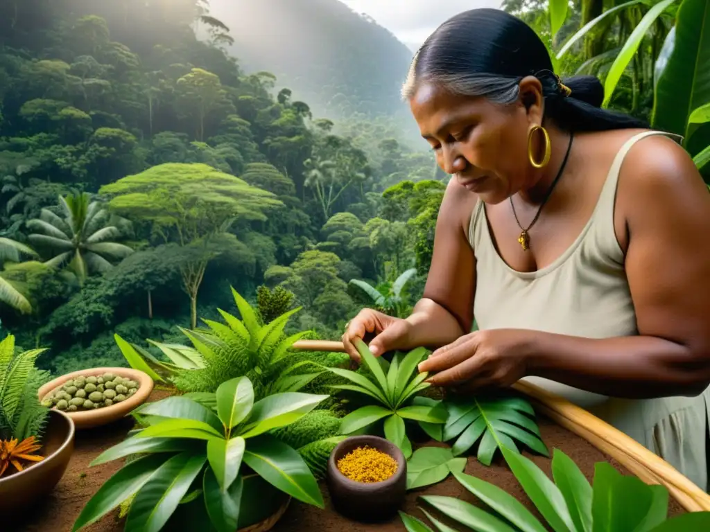 Curación ancestral: el recolector de plantas indígena en la selva Un sanador indígena selecciona plantas para cosmética natural en la exuberante selva