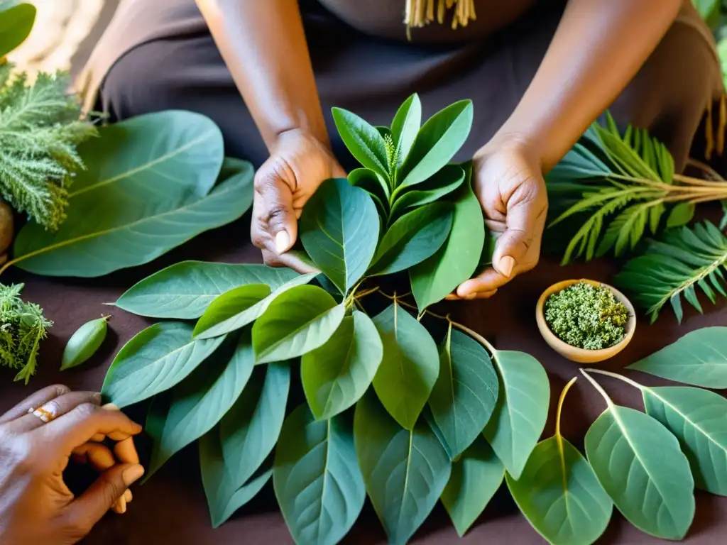 Curandero ancestral preparando plantas medicinales Un sanador indígena selecciona y prepara plantas medicinales, rodeado de una exuberante variedad botánica