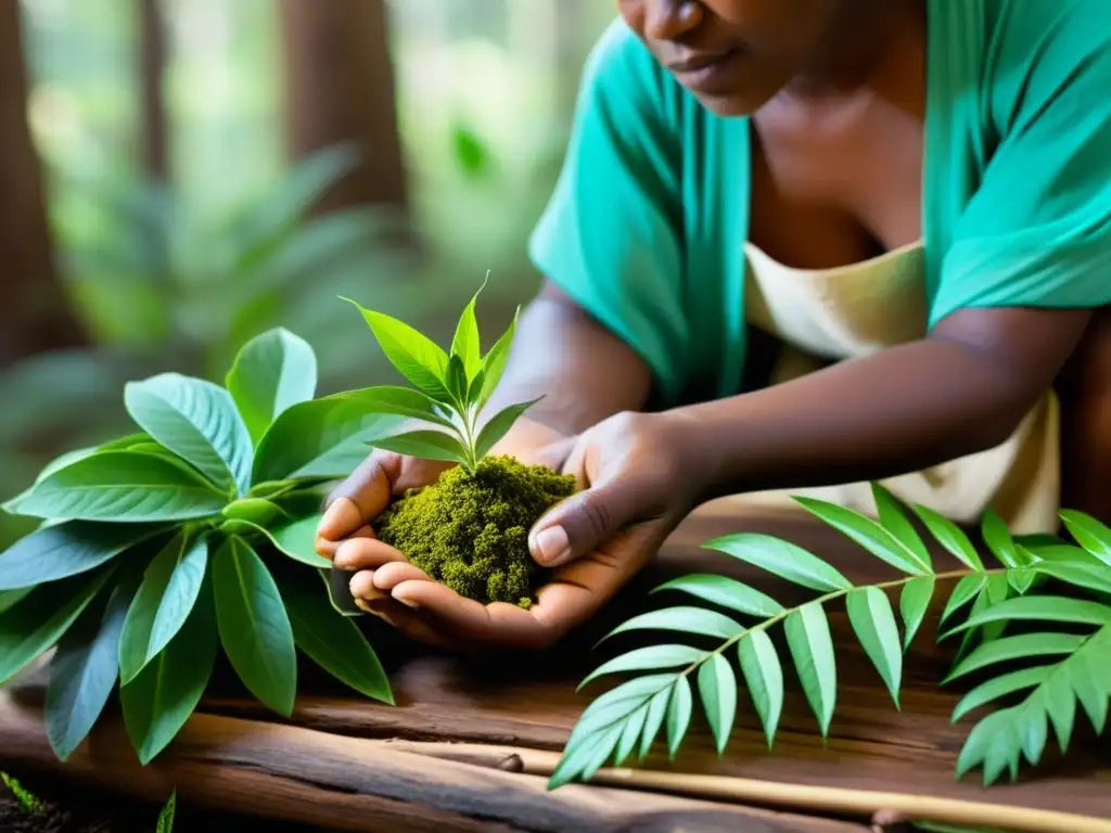 Extracción de aceites esenciales en la selva: sabiduría ancestral Un sanador tradicional extrae aceites potentes de plantas exóticas en un claro del bosque