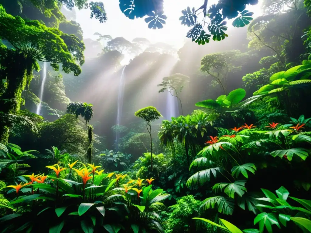 Un sanador tradicional recoge plantas medicinales en una exuberante selva tropical, reflejando la biodiversidad del ecosistema