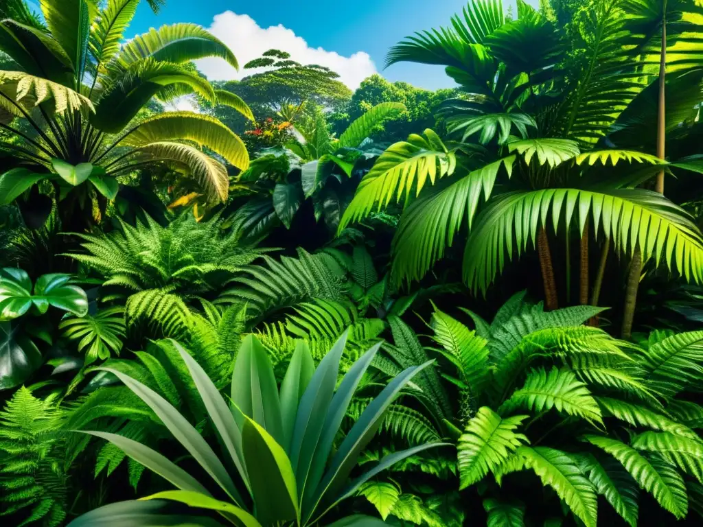 Selección de especies para cubierta vegetal en exuberante jardín tropical bajo la luz del sol filtrada, con follaje vibrante y variado