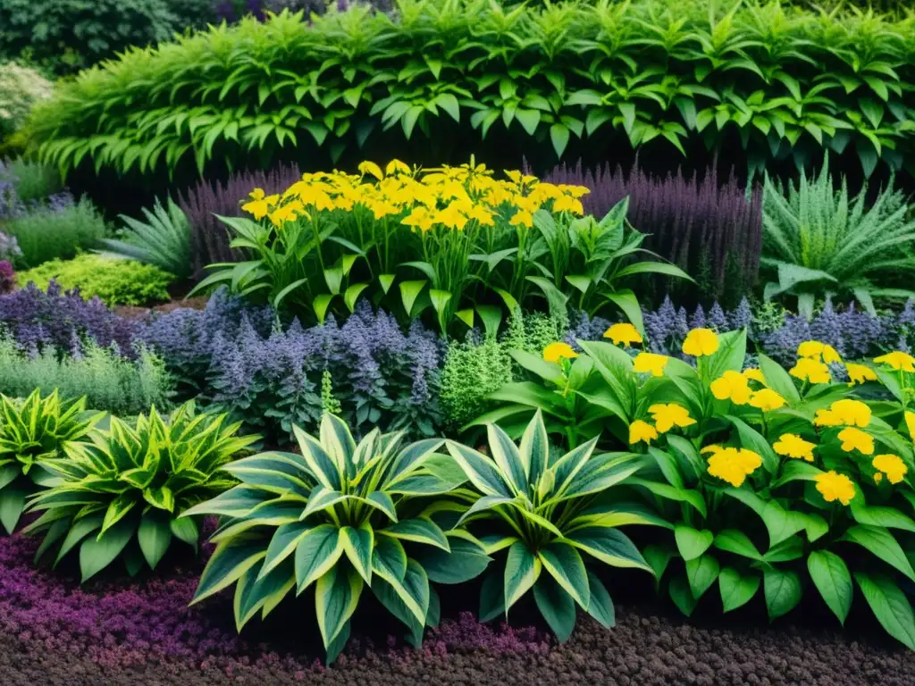 Selección de especies de cubierta vegetal en un exuberante jardín ecológico, con plantas vibrantes y vida silvestre en movimiento