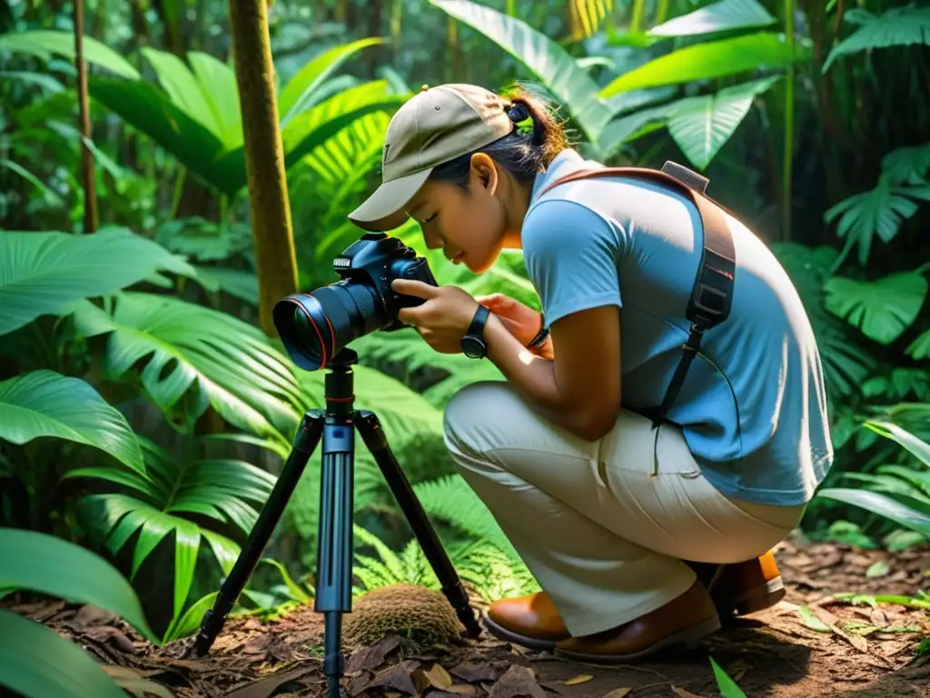 Fotógrafo captura la selva con accesorios fotográficos ecoturismo sostenible, respetando el ecosistema