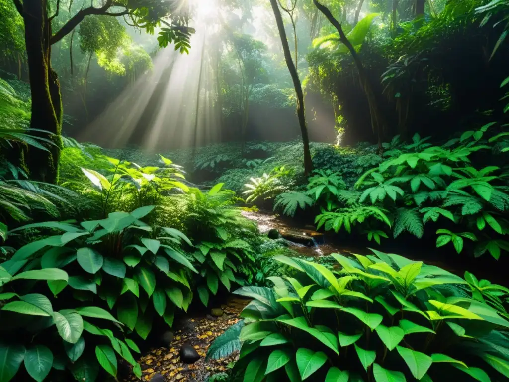 Selva densa con árboles imponentes, follaje exuberante y un arroyo serpenteante